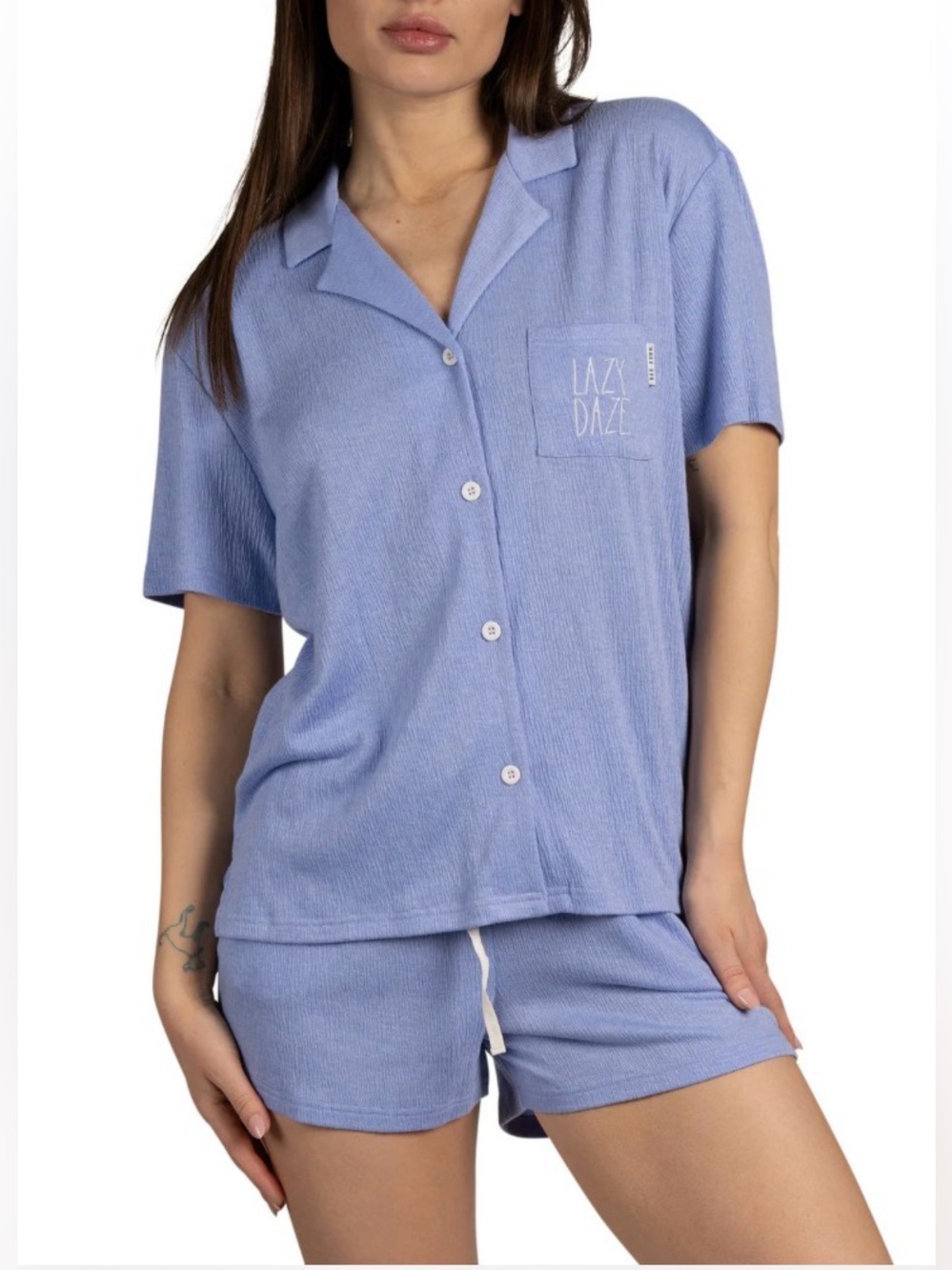 Rae Dunn Lazy Daze Pajama Set L Blue Gauze Button‎ Down Shorts 2 Piece